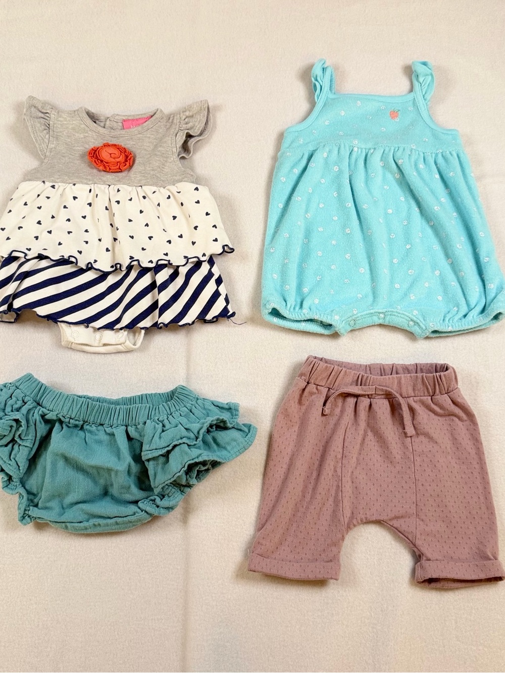 kate quinn Aqua Romper, Teal Bloomers, Gray Tiered Dress & Mauve Shorts